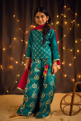 Teal colored plazo and short shirt with golden embroidery and pink contrast dupattaTeal colored plazo and short shirt with golden embroidery and pink contrast dupatta